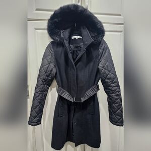 Kenneth Cole Black Coat with Quilted Sleeve Detail & detachable fur hoodie